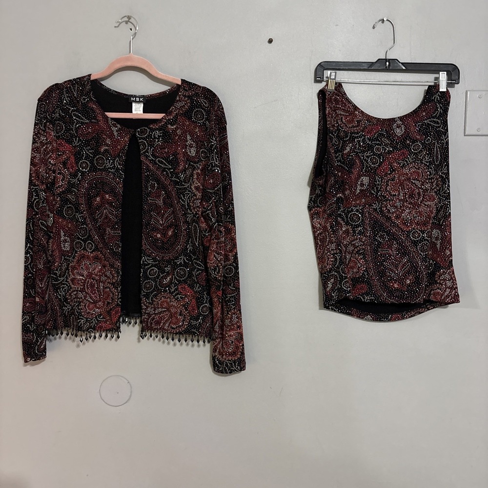 Msk Women 2 Peice Gold Maroon Shiny Blouse Cardigan, Jacket, Vintage USA